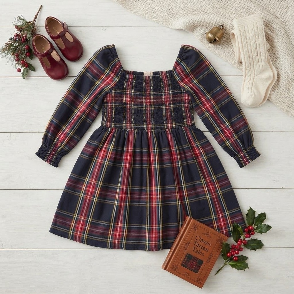 Crewcuts J Crew Girls Plaid Smocked Dress Tartan Holiday Christmas Long Sleeve 4